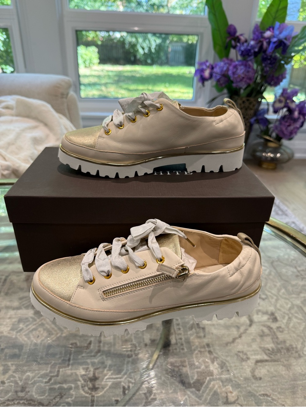 NWT Ron white luxury Metallic beige gold nappa Leather Platform Sneakers